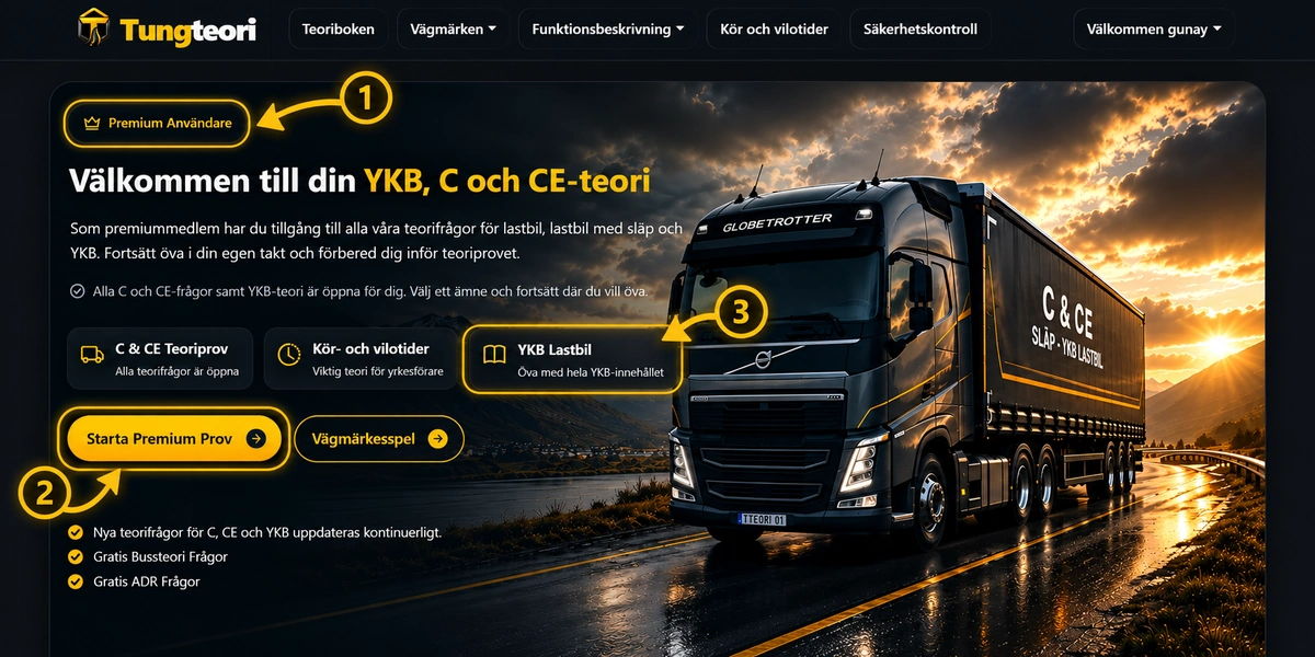 TungTeoris startsida med Premium-status och knappen Starta Premium Prov.