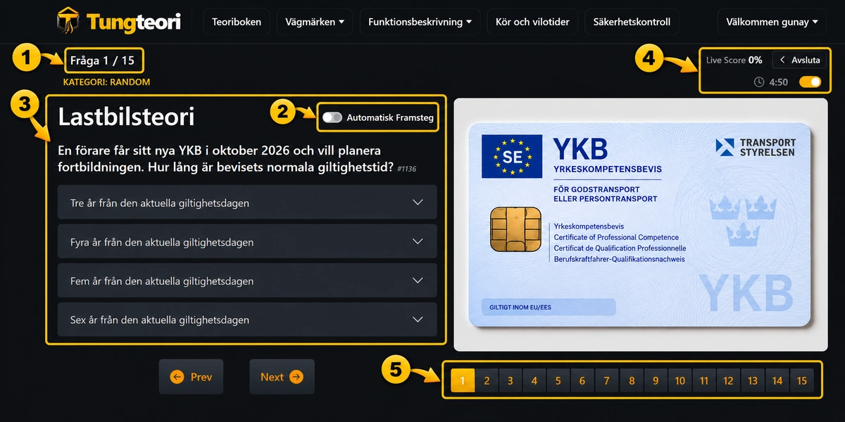 Quizsida i TungTeori med frågeräknare, automatiskt framsteg, svarsalternativ och frågenavigering.
