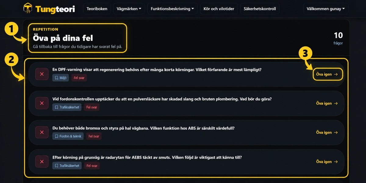 Sida i TungTeori där tidigare felaktigt besvarade frågor visas med länken Öva igen.